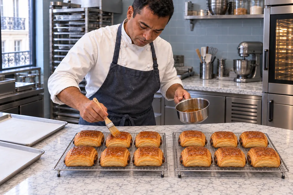 Twelve golden rectangular pastries are lightly glazed on two cooling racks.