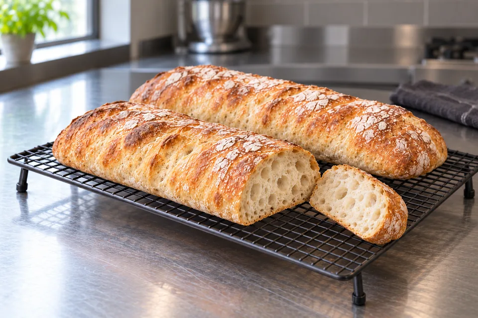 Two golden ciabatta loaves on a rack, one cut to show irregular open holes.
