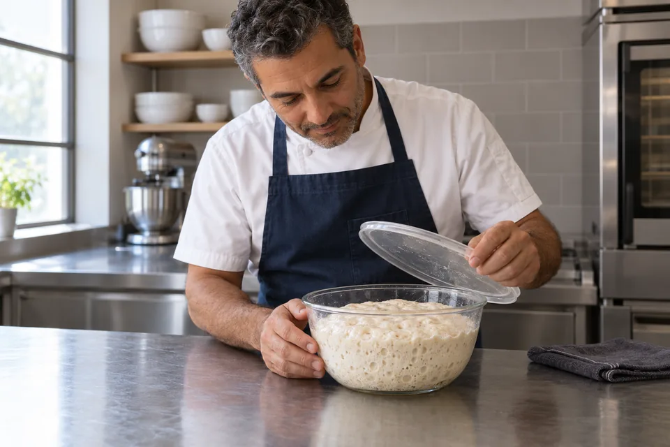 Baker lifting a clear lid from a bowl of bubbly preferment.