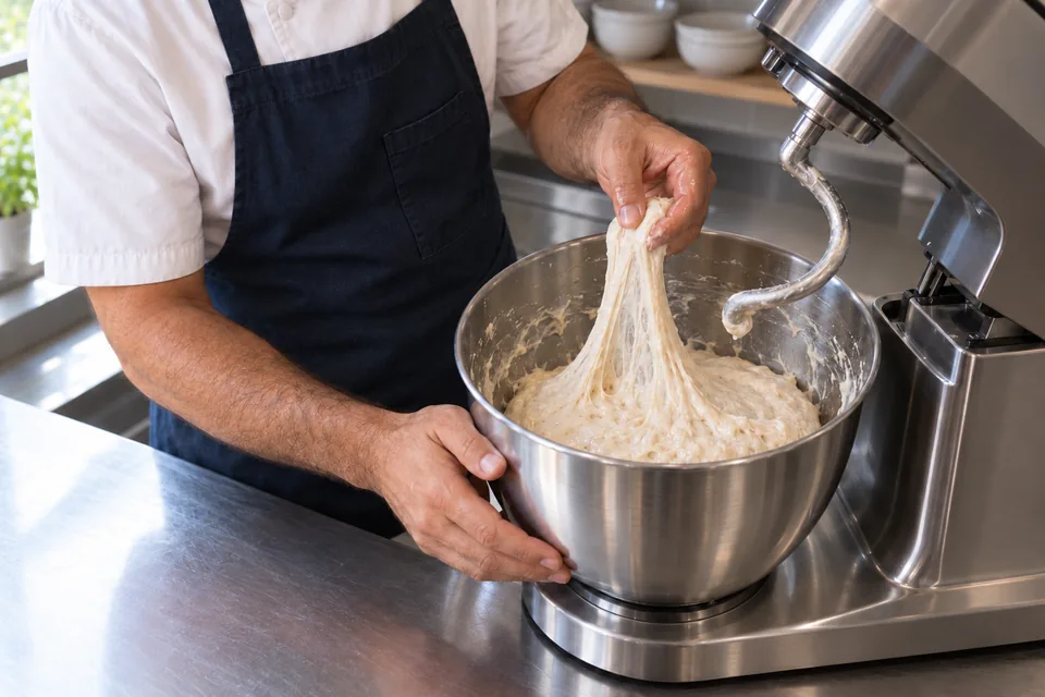 Wet elastic ciabatta dough stretching above the stand mixer bowl beneath a raised dough hook.