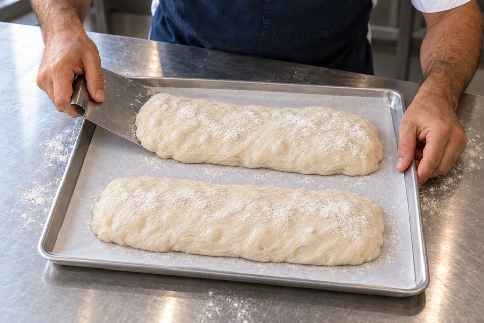 Two flour-dusted raw ciabatta loaves spaced apart on a parchment-lined tray.