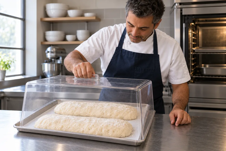 Two proofed ciabatta loaves beneath a high clear cover beside an oven with separate metal trays.