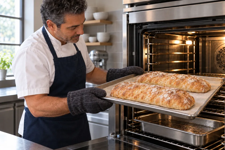 Baker drawing a sheet with two golden ciabatta loaves from the oven, with a separate metal tray below.