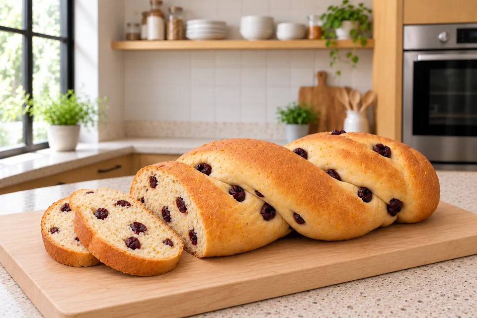 Two slices beside the shortened twist show its cherry-studded crumb.