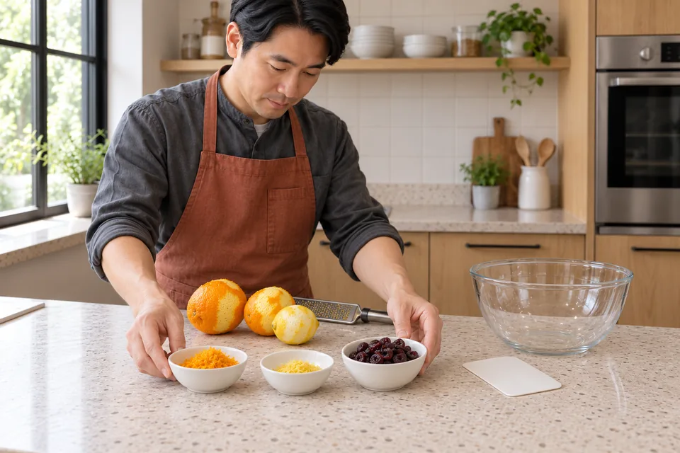Fine citrus zest and pitted dried cherries are kept in separate bowls.