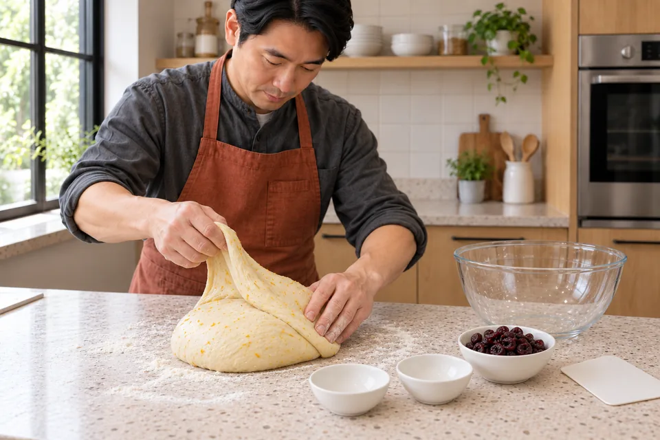Hands stretch citrus-scented dough before adding the cherries.