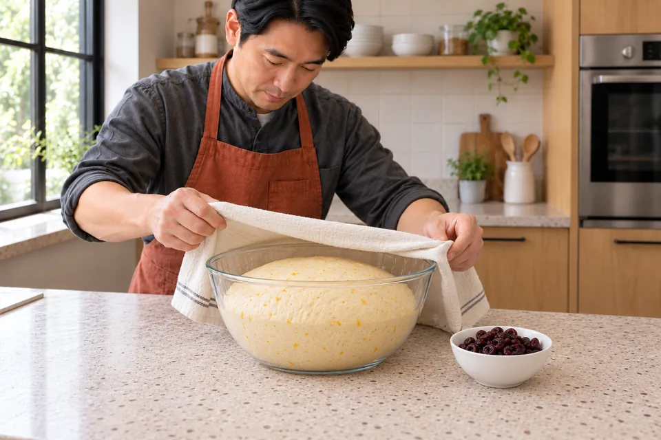 The citrus dough has risen before the cherries are added.