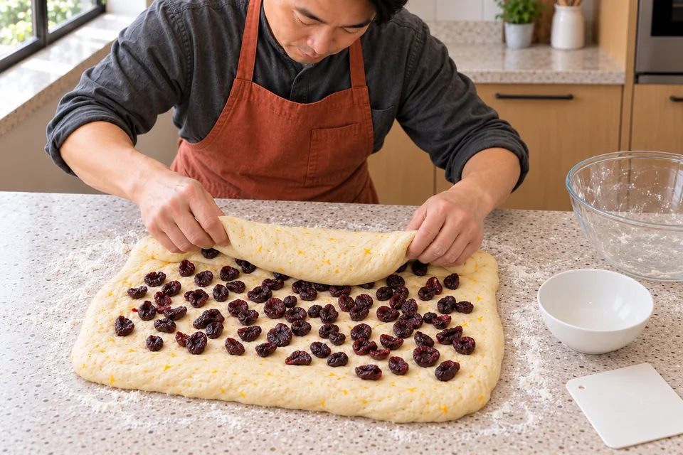 Hands distribute pitted dried cherries through the risen dough.