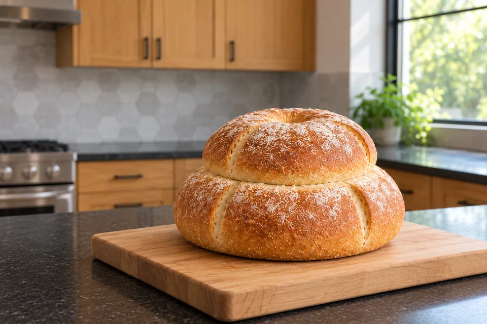 One golden cottage loaf has a broad smaller top centred above its larger base, a small central join and opened vertical side cuts.