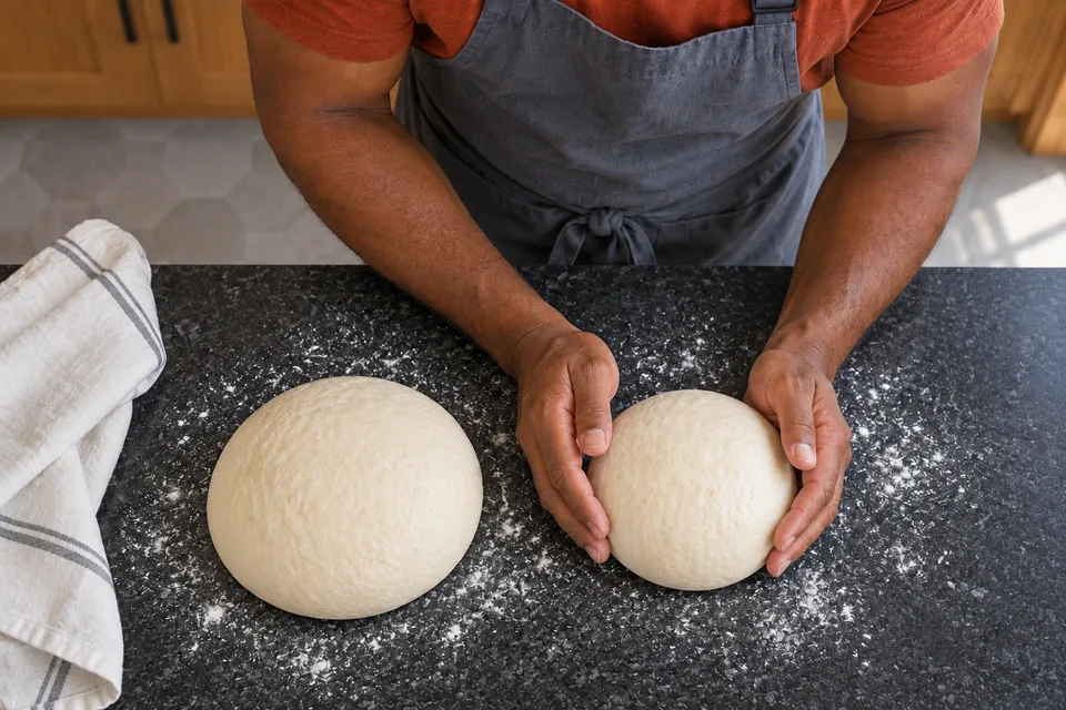 Two smooth pale rounds sit side by side, the smaller cupped by the cook and the larger modestly wider.