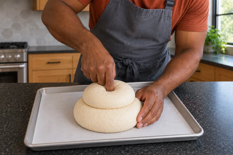 The cook presses one finger into the centre of a smaller dough round stacked level on a larger round.