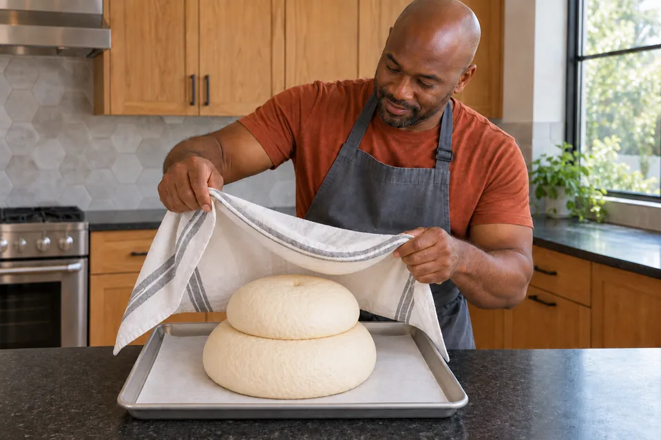 The cook lifts a striped white cloth above an expanded two-tier loaf with a broad, centred upper round.