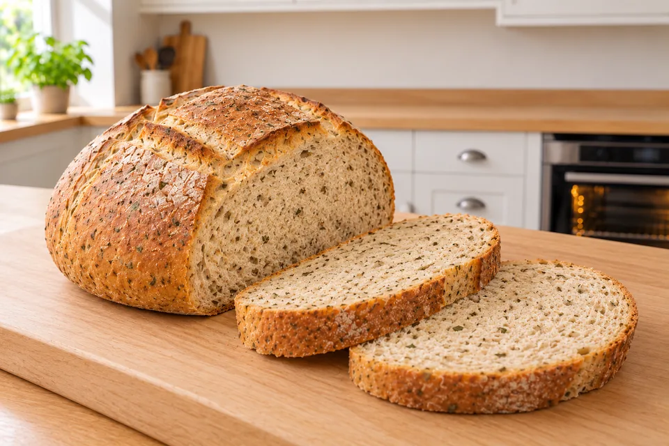 Two slices beside a shortened round loaf show a light tan crumb flecked with oregano.