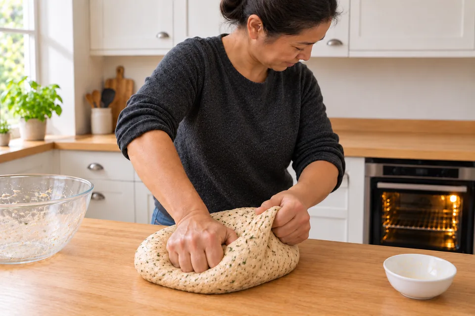 Two hands knead smooth oregano-flecked dough on the oak worktop.