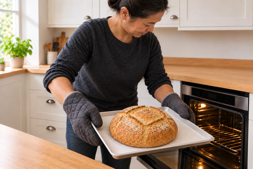 The cook holds one browned, square-scored oregano loaf on its tray.