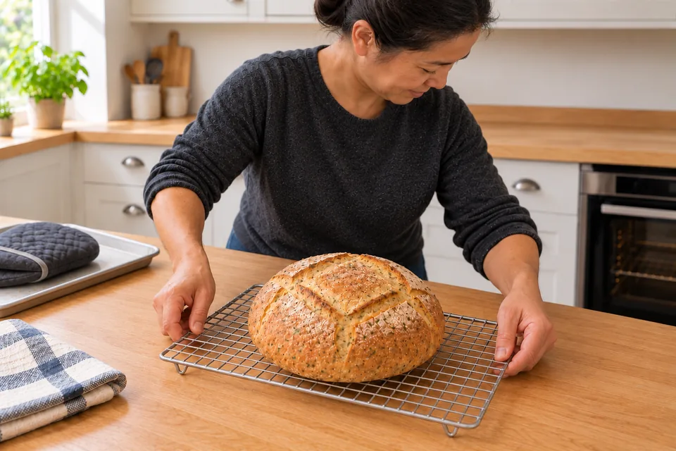 One whole square-scored loaf cools on a raised silver wire rack.
