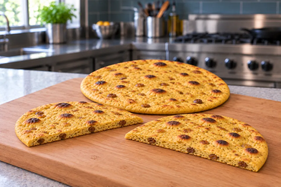 A whole naan and the opened centre-check bread show the yellow crumb and sultanas.