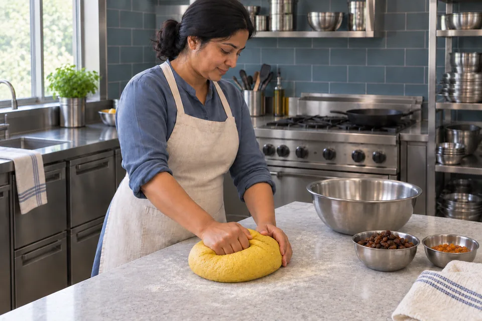 The cook kneads smooth yellow dough before adding the fruit.