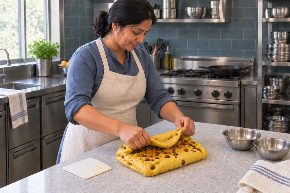 Hands fold sultanas and chutney through the yellow dough.