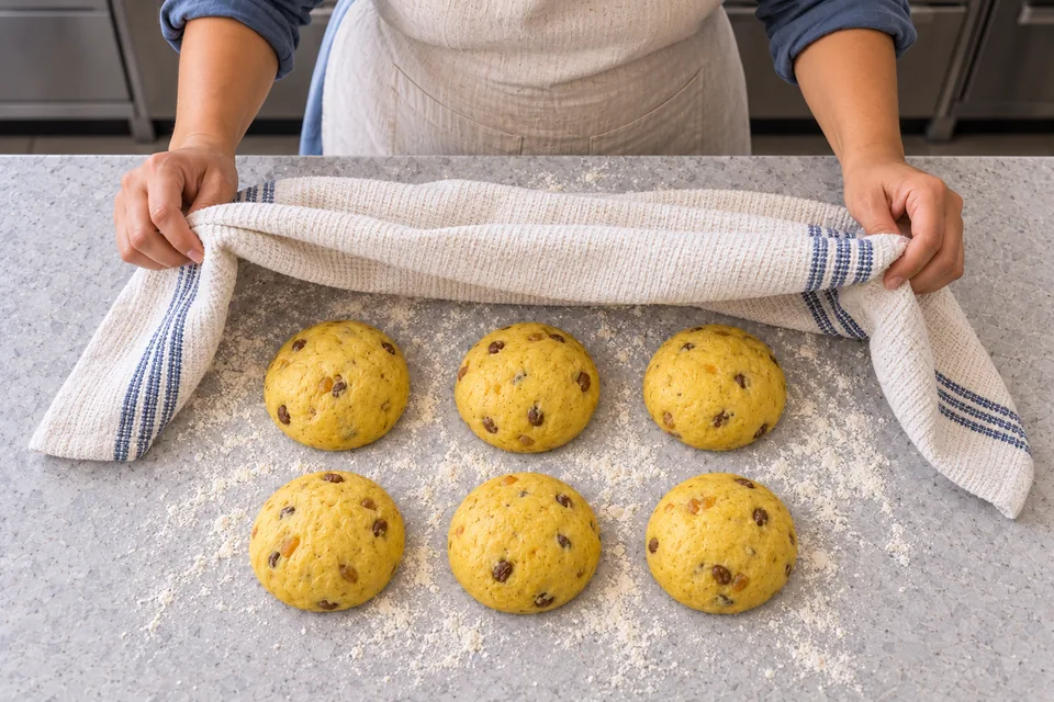 Six round portions of yellow fruit dough rest under a lifted towel.