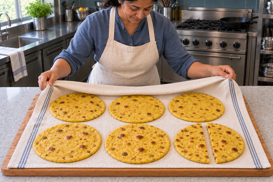 Five whole naan and the two halves of the checked first bread sit in a clean towel.