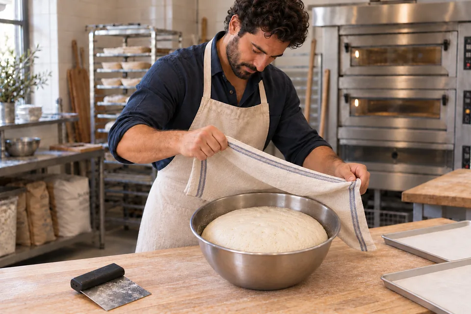The cover lifts from aerated plain dough in a steel bowl.
