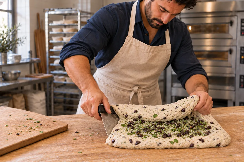 The risen dough folds around black olives, tiny onion pieces and chopped coriander.