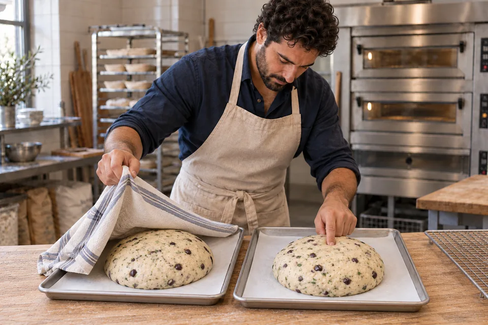 A fingertip checks one of two risen rounds on separate trays.