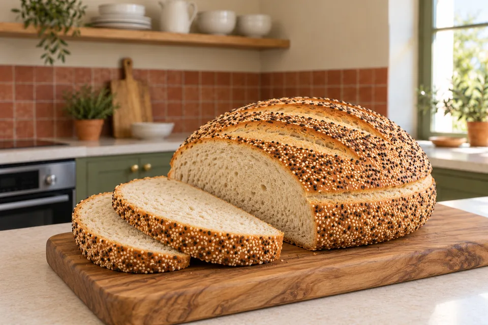 Two slices show the plain set crumb beneath a mixed-seed crust.