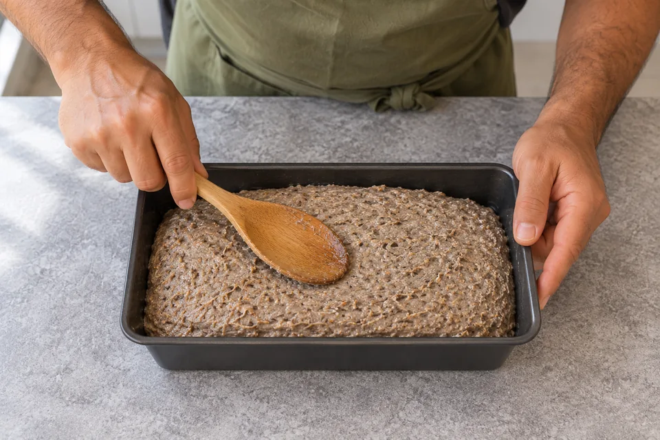 Cook uses the back of a wooden spoon to smooth gray-brown rye dough in one rectangular loaf tin.
