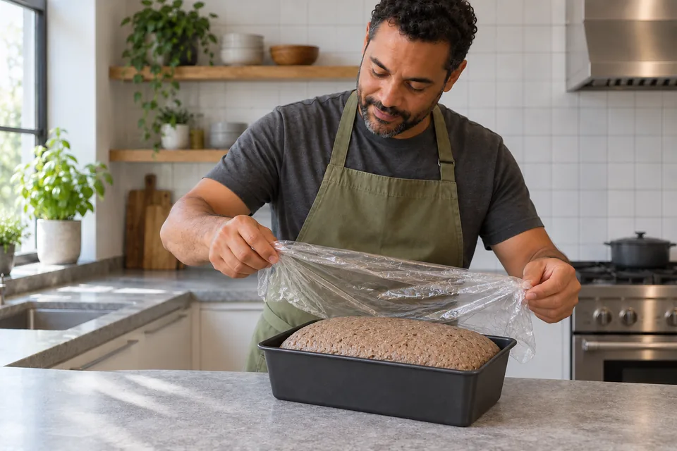 Cook lifts a loose cover above the risen gray-brown rye loaf, showing small pores across its domed surface.
