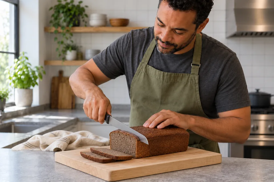 Cook slices the dark rye loaf on a wooden board beside two thin slices showing its close brown crumb.