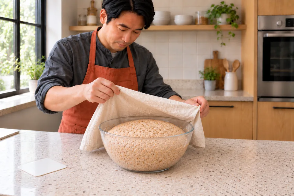 The risen wholemeal dough has roughly doubled in volume.