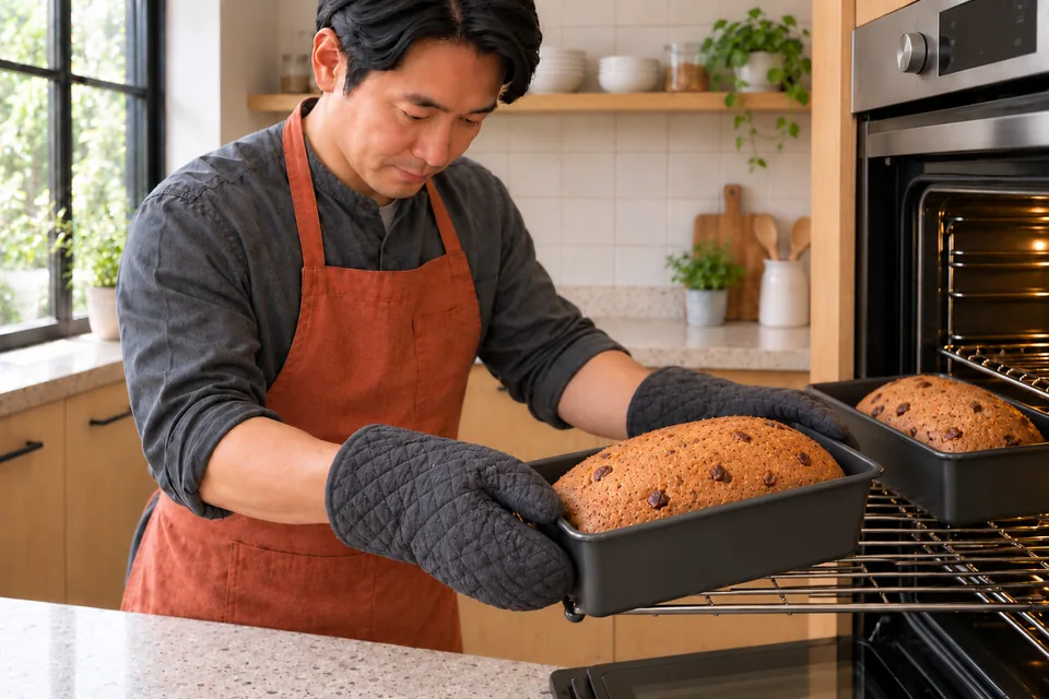 Two browned fruit loaves finish baking in their tins.