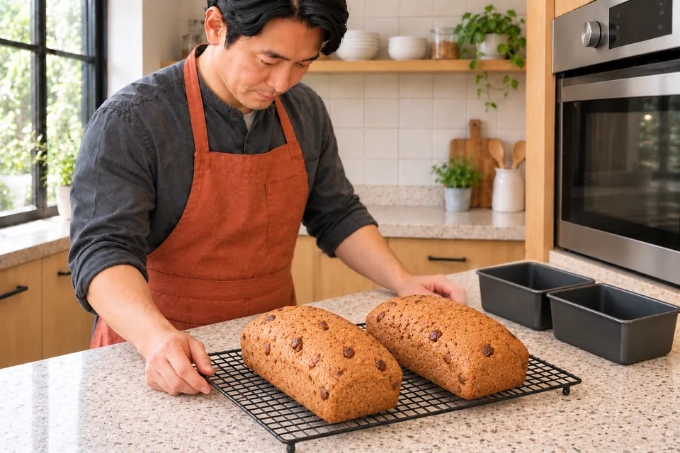 Two small date and fig loaves cool on a wire rack.