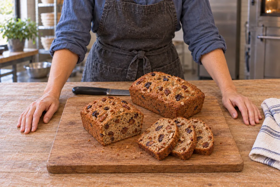 One small loaf, a cut second loaf and three slices show the fruit and pecans in the wholemeal crumb.