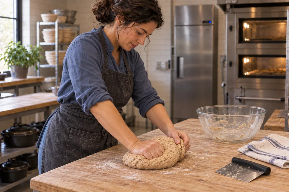 The cook kneads a cohesive bran-rich dough on the wooden bench.