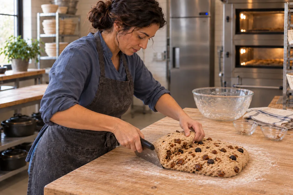 Chopped dried fruit and pecans are worked evenly into the wholemeal dough.