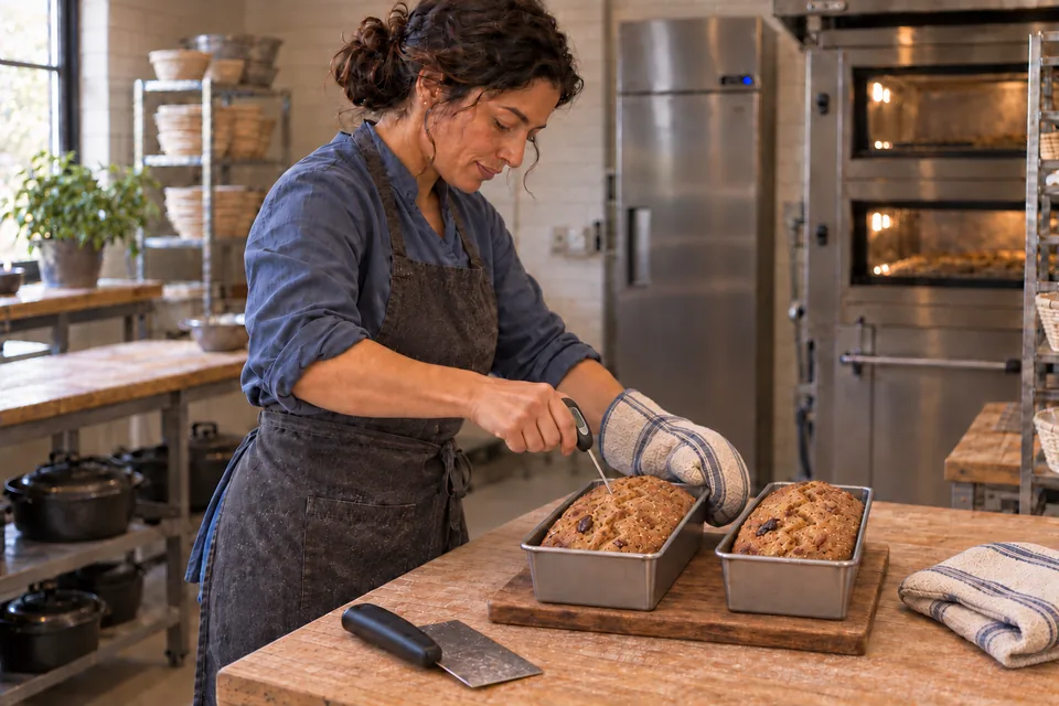 Two small browned loaves with zigzag tops are checked with a probe after baking.