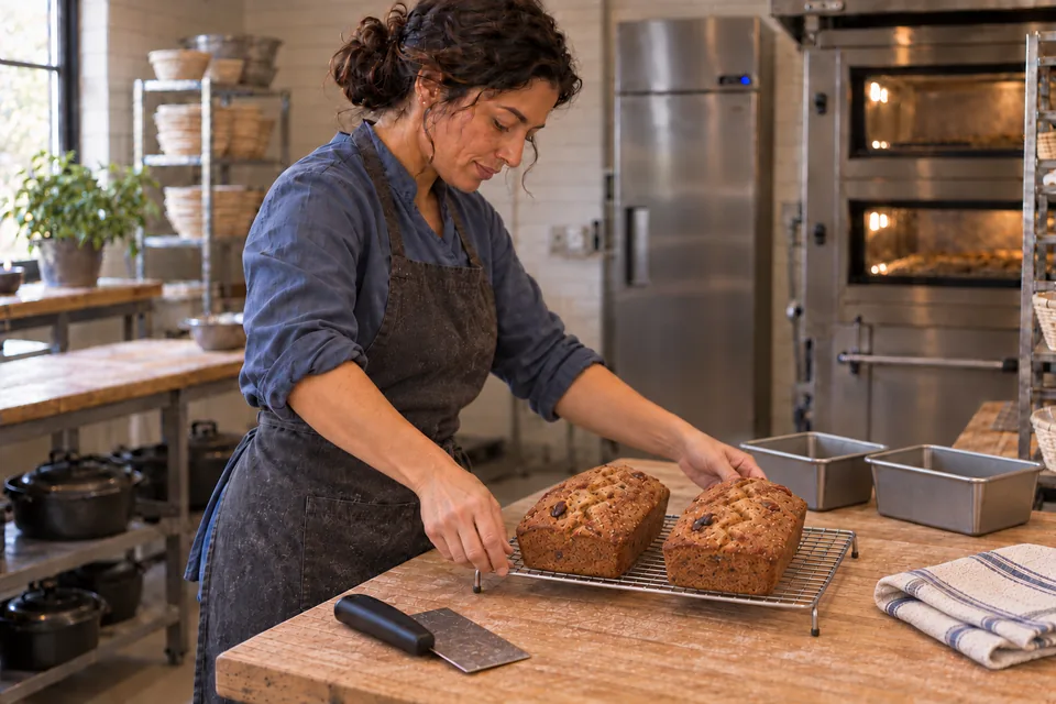 Two small wholemeal fruit-and-pecan loaves cool on a silver rack beside the empty tins.