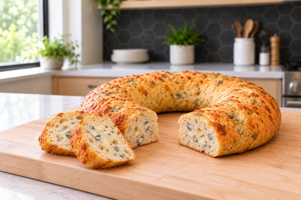 One golden ring with a small cut-out gap and two removed slices shows a set cream crumb with scattered small blue-cheese pockets.