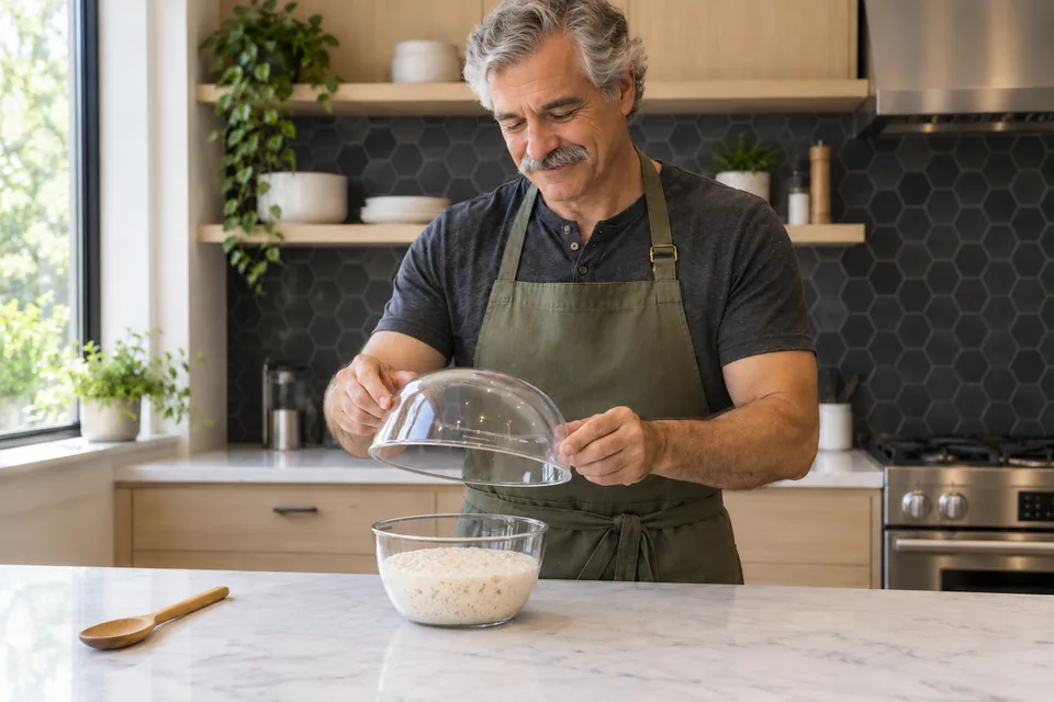 The cook lifts a clear cover over a small glass bowl of bubbly, expanded preferment.