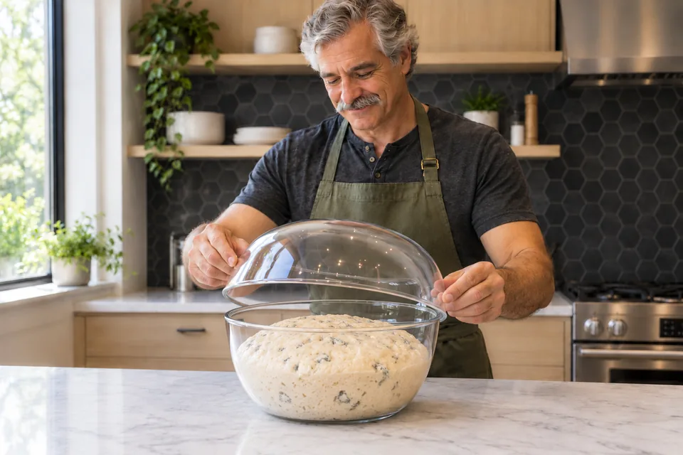 The cook holds a clear cover above an aerated pale dough flecked with small pieces of blue cheese.
