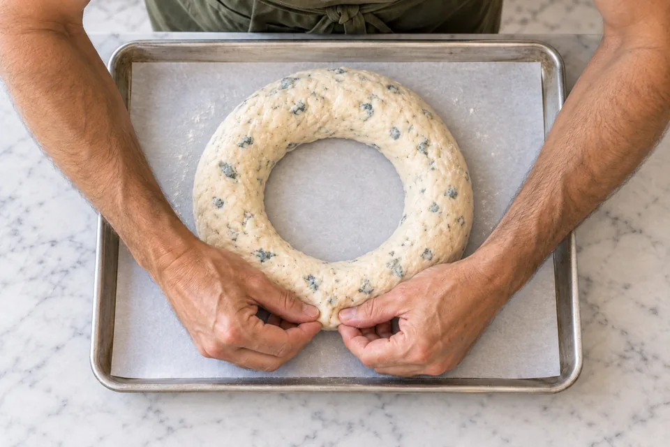 The cook pinches the join beneath one raw cheese-dough ring with a wide round centre opening.
