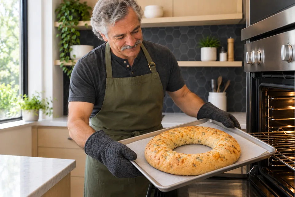 Using two oven mitts, the cook holds one golden bread ring flecked with baked cheese on a lined tray.