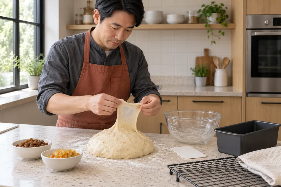 Cook stretching a thin windowpane from the enriched dough, with sultanas and peel kept separate.
