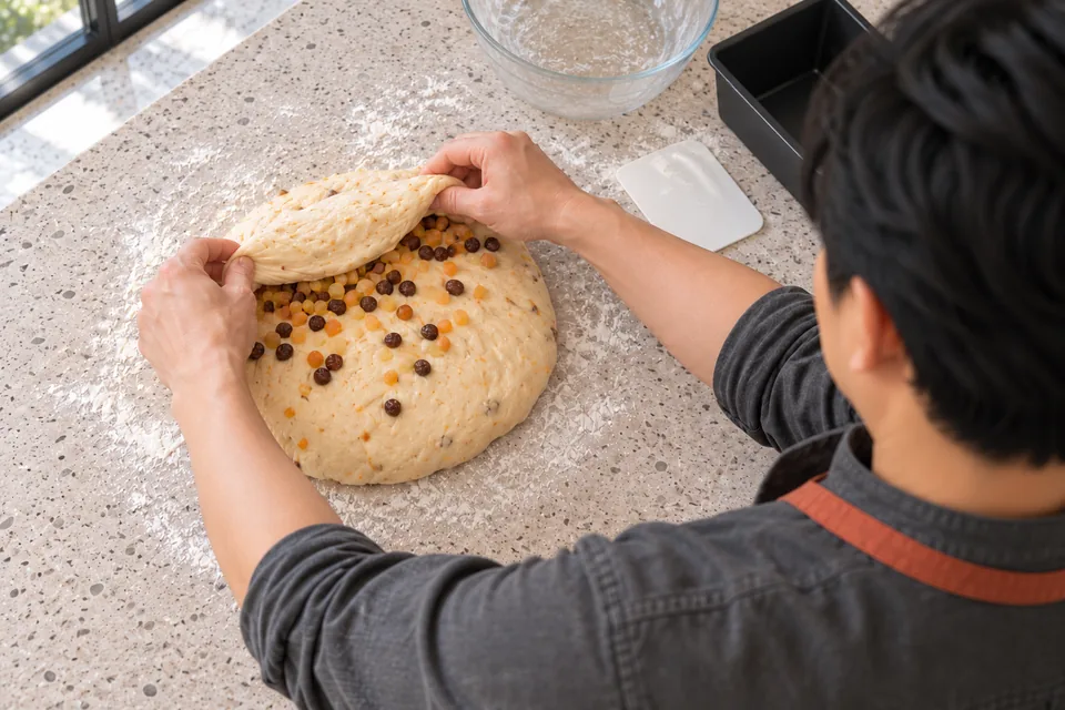 Hands folding sultanas and finely chopped candied peel through the dough.