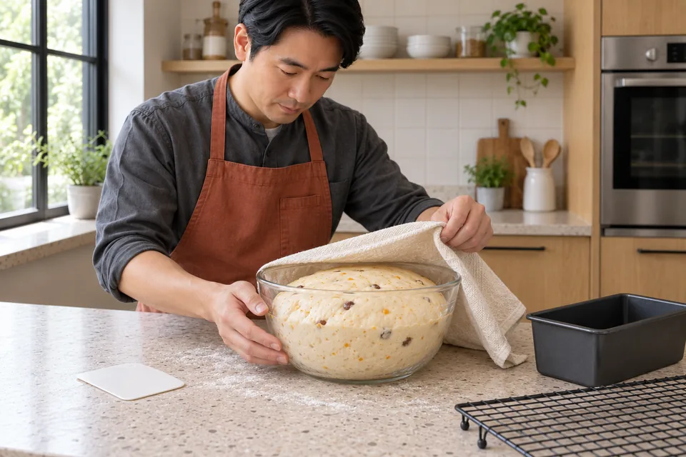 Cook lifting a cloth to reveal risen fruit dough in a glass bowl.