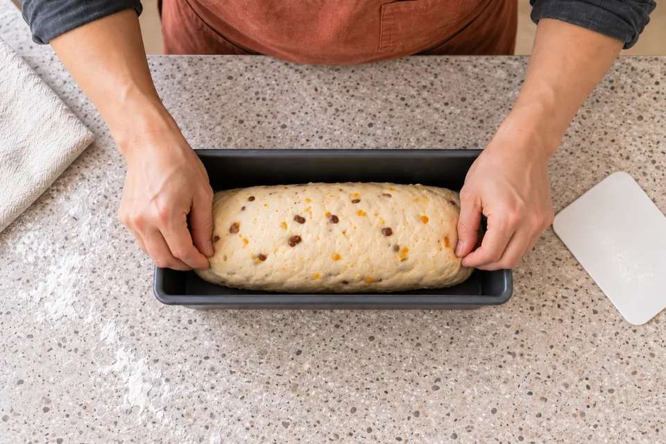 One raw fruit loaf fitted evenly into a rectangular tin.