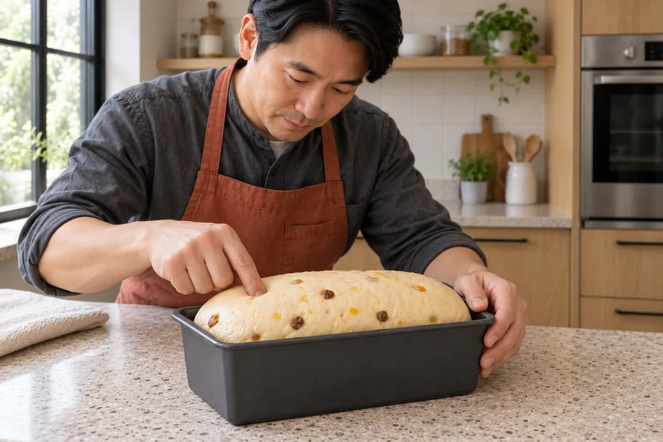 Cook gently checking the rounded fruit loaf in its tin.